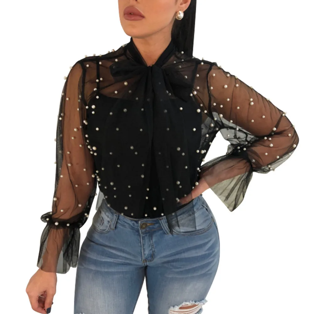 

Summer Nail Bead Transparent Fashion Tops Long Sleeve Women Shirt Blouse Lace Flare Sleeve Polka Dot Lady Blouse Bow Collar