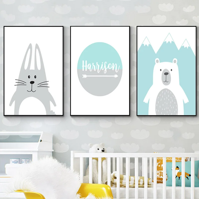 Custom Name Poster Cartoon Animal Baby Nursery Wall Art Canvas Painting NordicPrint Bear Rabbit Pictures Kids Room Decor|Рисование и