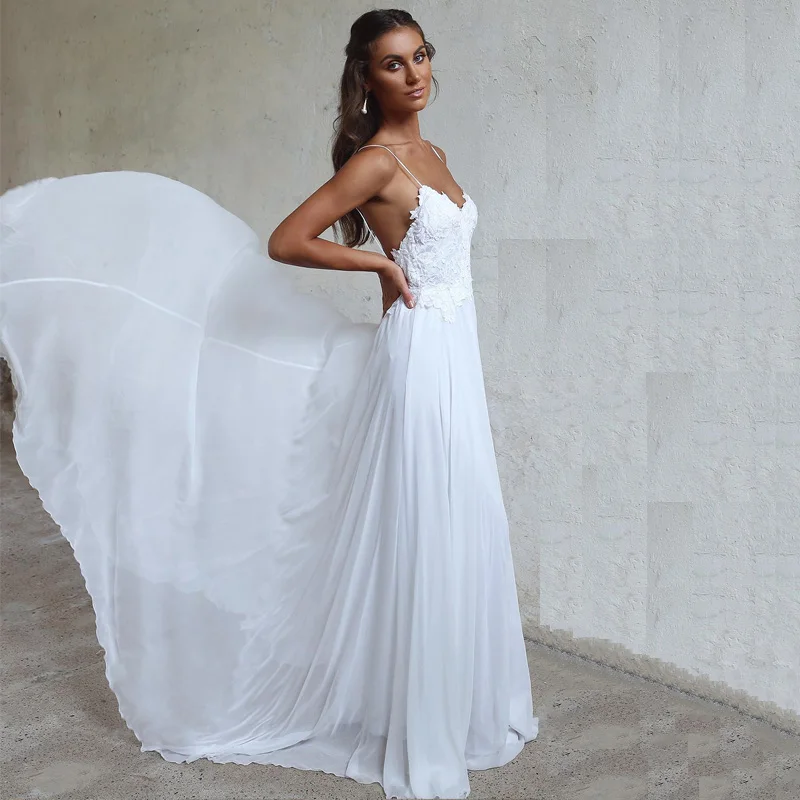 LORIE, пляжные свадебные платья на тонких бретелях,, Robe de soiree, Винтажный кружевной топ, элегантное женское Бохо шифоновое длинное свадебное платье