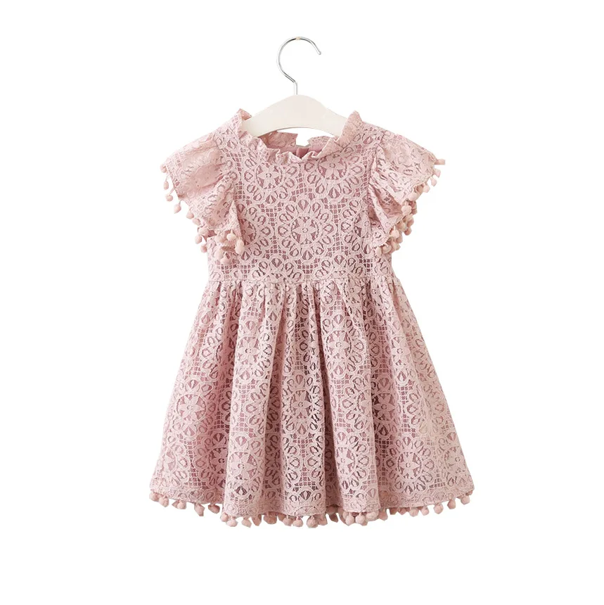 

2 3 4 5 6 7 Years Fancy Baby Girls Dress Kids Ruffle Ball Tassel Hollow Little Girls Dresses Cute Pink/Yellow Lace Dress Summer