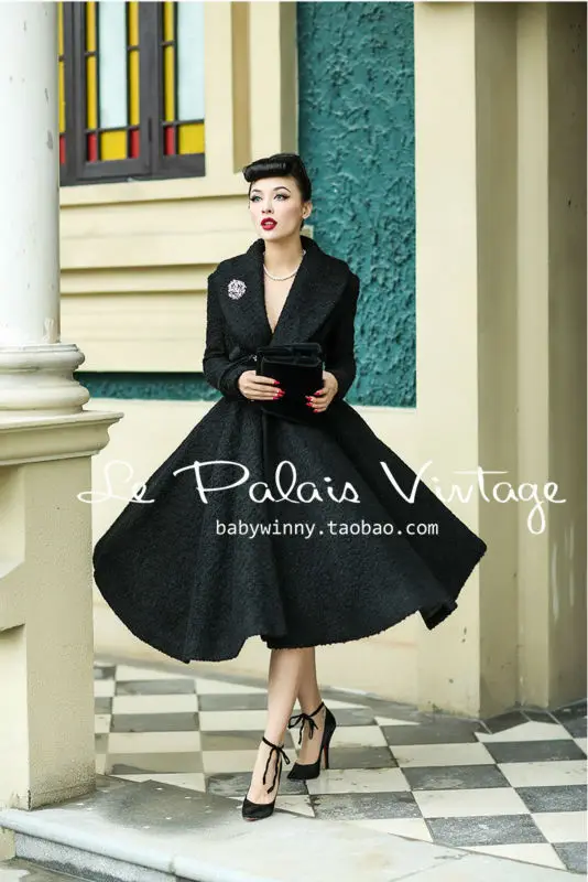 Koop Le Palais Vintage elegante retro 100% wol Revers taille rok soort wollen jas