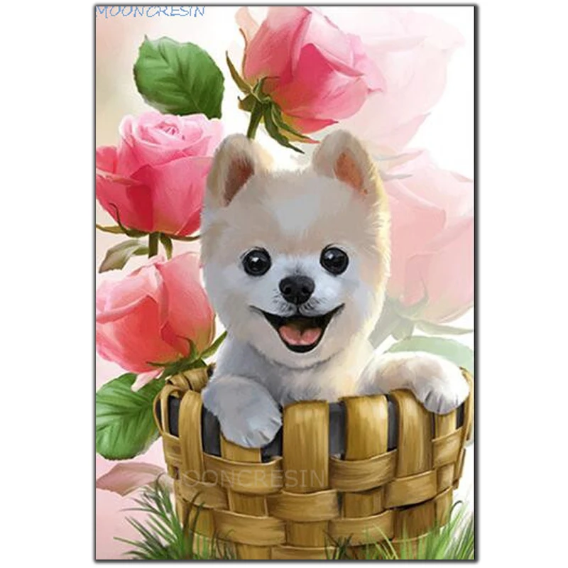 

MOONCRESIN 5D Diamond Mosaic Roses & Baskets Of Dogs Diamond Embroidery Full Square Diy Diamond Painting Cross Stitch Decoration