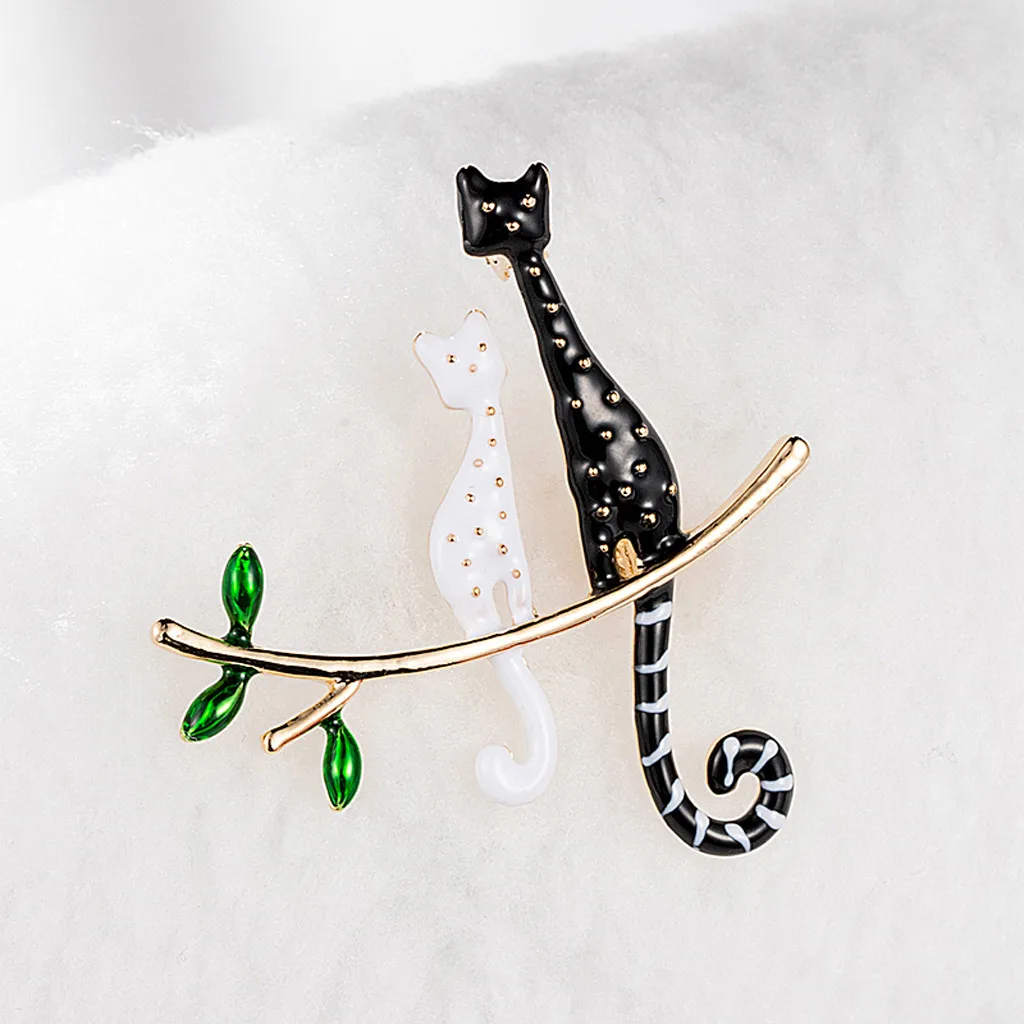 

Women Fashion black white cat Cherry Silk Scarf Buckle Pin Dual-use Leaf Brooch Vintage Inlaid Opal Female Casual Brooch
