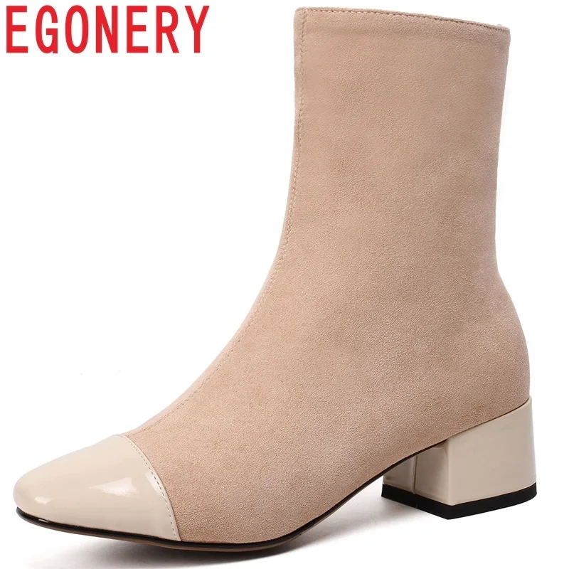 

EGONERY 2018 winter warm new popular mixed colors flock and patent leather med square heel zip black and apricot mid calf boots