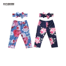 Детская одежда с цветочным рисунком для маленьких девочек; штаны-леггинсы с цветочным принтом; брюки с эластичной резинкой на талии и высокой талией для малышей+ повязка на голову