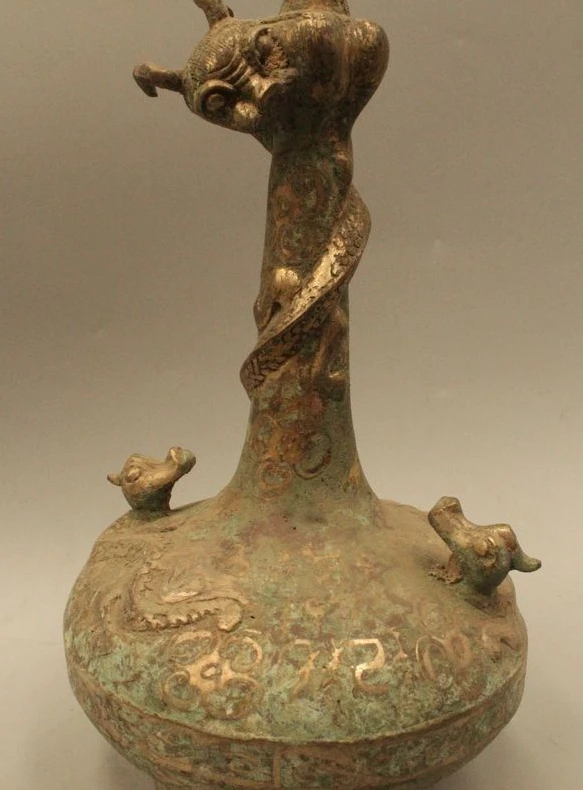 12" Ancient China Chinese Dynasty Palace Bronze Silver Dragon Beast Flower Bottl