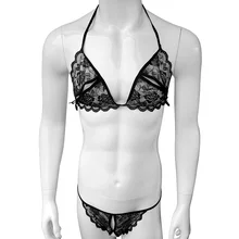 Men Lace Sissy Ruffle Sexy Lingerie Erotic Set Halter Bra Top with Open Crotch Penis Thong Underwear Panties Jockstrap Set sexy stripe pattern halter ruffle trim top