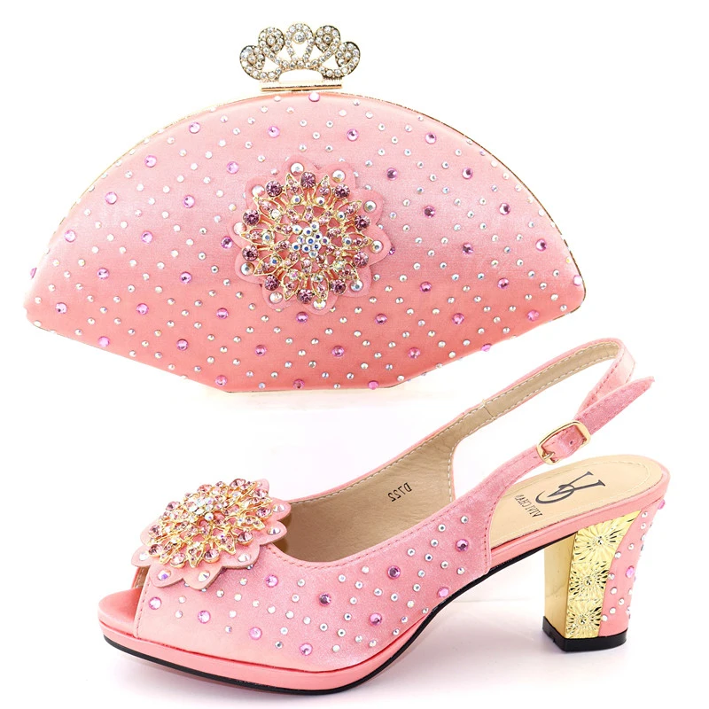 Pink stones shoes and clutches bag for big wedding party italian shoe and bag set matching