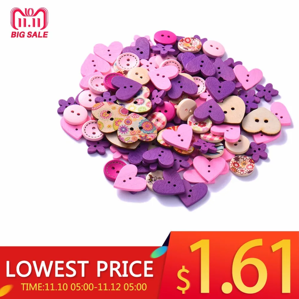 

100Pcs/Lot Mixed 2-Hole DIY Wooden Buttons Pink/Coffee/Blue Heart Pattern Decorative Buttons Fit Sewing Scrapbooking Craft