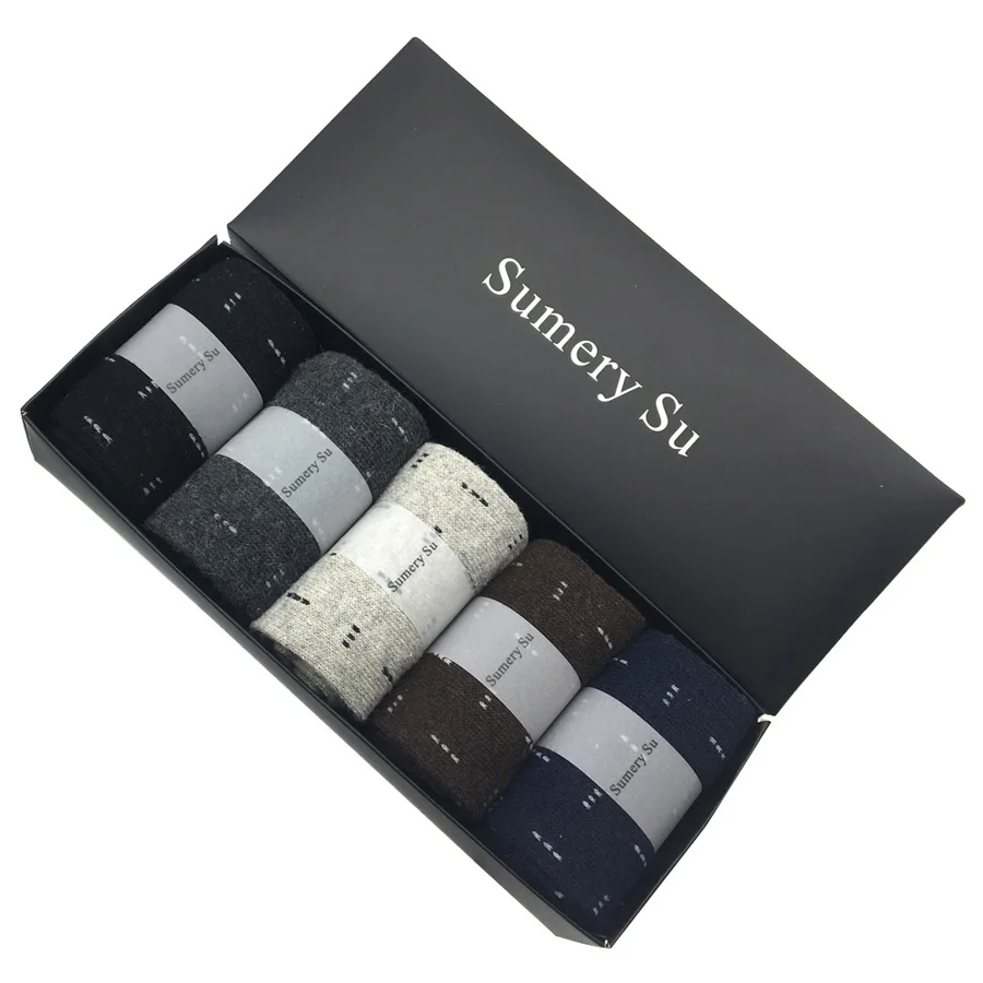Pack with Gift Box 5 пар/партия мужские зимние шерстяные носки мужские теплые кашемировое платье с принтом носки подарок для мужа отца друг бренд Лидер продаж - Цвет: Pack with Gift Box
