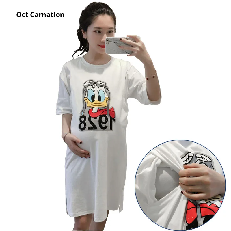 

Cartoon Pattern White Cotton Breastfeeding Dress Short Sleeve Cute Long T-shirt Dresses Pregnancy Clothes Nursing Clothes