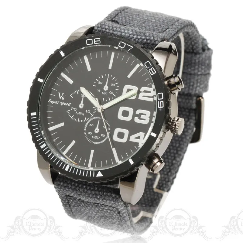 

V6 New Fashion Clock Men Luxury Brand Big Size Thin Steel Case Multisub Dial Deco Quartz Fabric Band Sport Wrist Watches