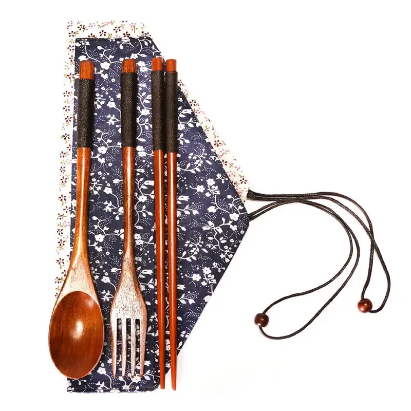 1set=4pcs Wood Portable Tableware Wooden Cutlery Sets Travel Dinnerware Suit Environmental with Cloth Pack Perfect Gift