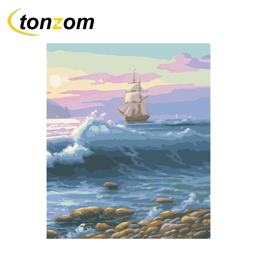 

RIHE Ocean Boat Diy Painting By Numbers Wave Beach Oil Painting On Canvas Hand Painted Cuadros Decoracion Acrylic Paint Art