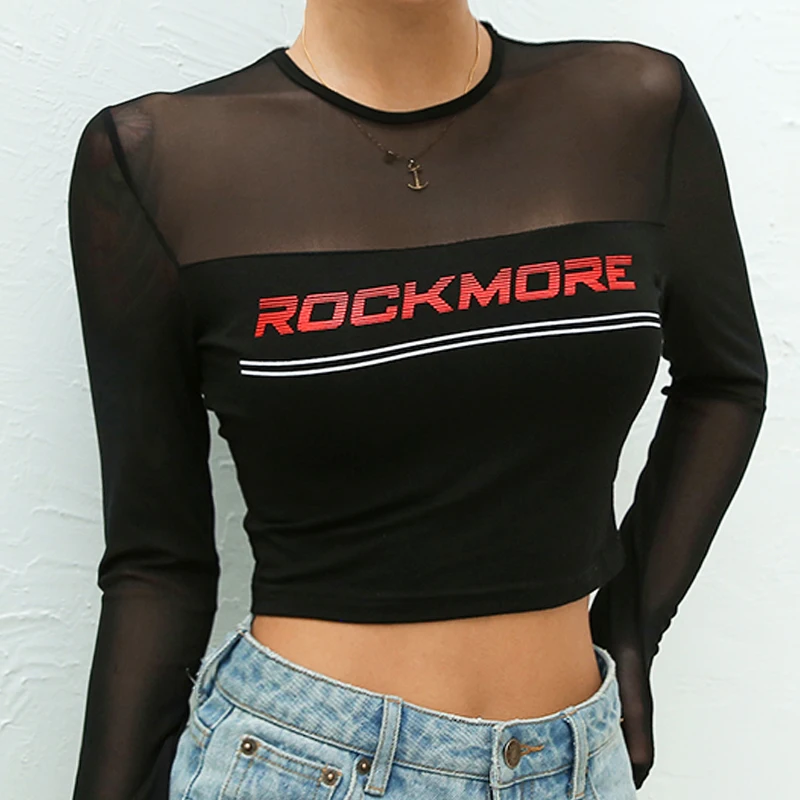 

Women Black Sexy Mesh Patchwork T shirt Transparent Letter Print Long Sleeve Tops Ladies See Through Streetwear Summer Crop Tops