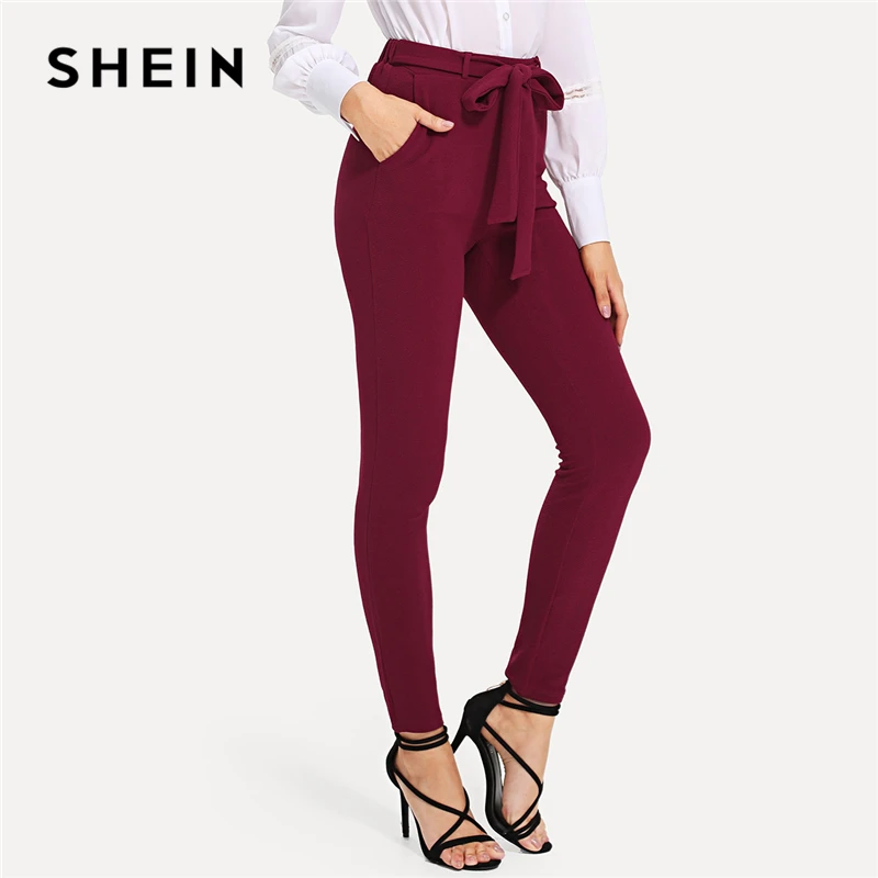 

SHEIN Burgundy Elegant Self Tie Solid Skinny Knot Elastic Mid Waist Pants Spring Fall Women Weekend Casual Trousers