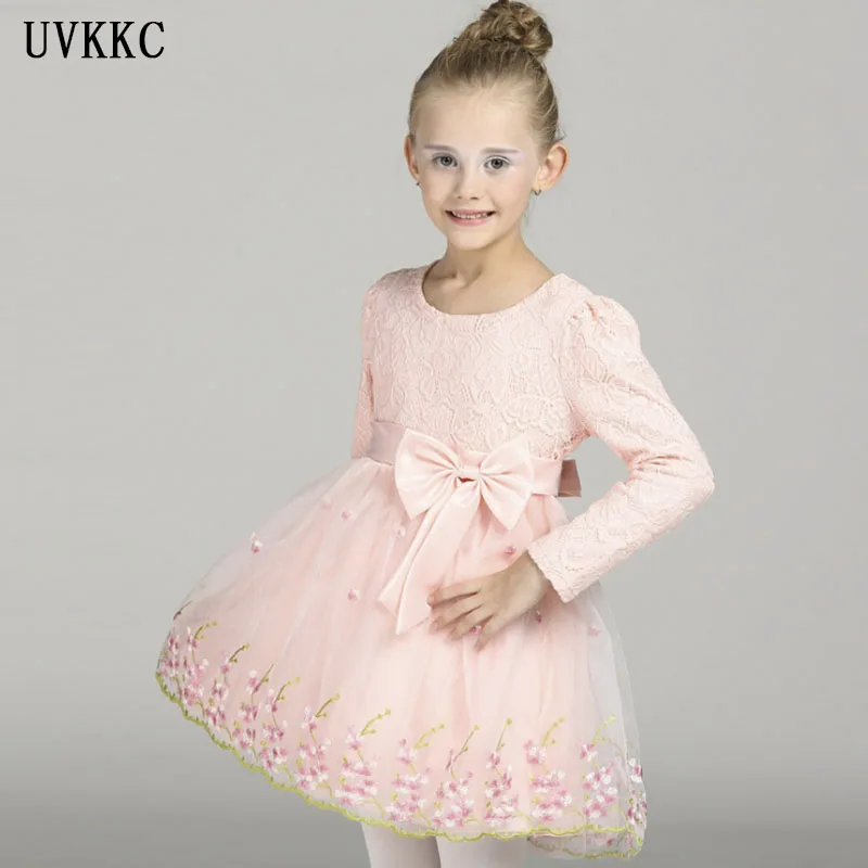 

Fashion Embroidery Flower Girls Dress Bow Tie Pink Wedding Pageant 2018 Spring Long sleeve Princess Party Dresses Girls Clothes