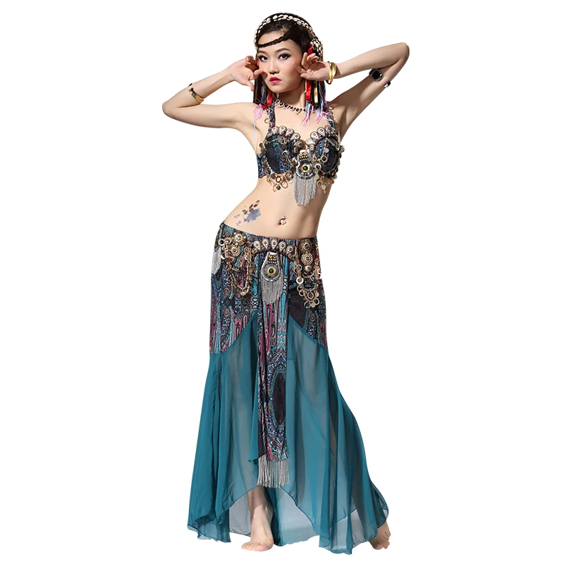 

Stage Performance Women Dancewear Tribal Bellydance Outfit Set C/D Cup Coins Bra Skirts Belly Dance Costume 2pcs Bra Skirt