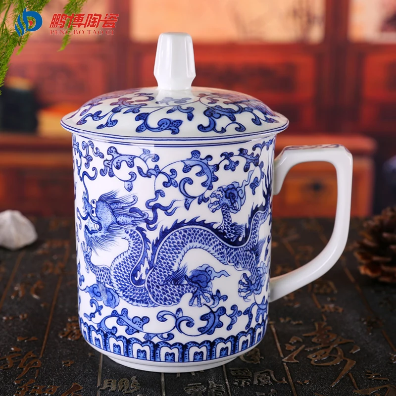 Chinese Style Bone China Porcelain Engraving Dragon Tea Cup 450ml Classical White and Blue Ceramic Water