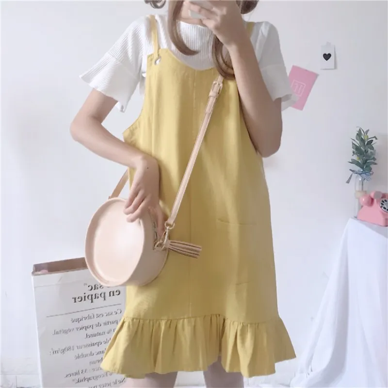 Летнее платье Kawaii, платье на бретельках, Vestidos Kawaii, платье Харадзюку, белая короткая повседневная одежда, японский стиль - Цвет: Yellow