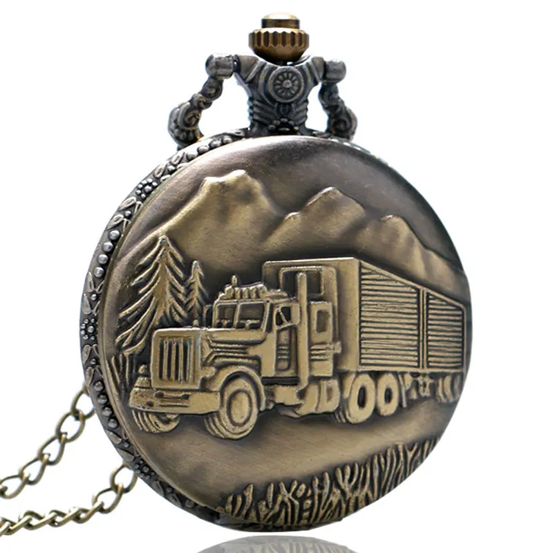 Vintage Bronze Train Front Locomotive Quartz Watch 3D Car Truck Pattern Pocket Watch Men Women Necklace Pendant Gifts FOB Chain 2018 (3)