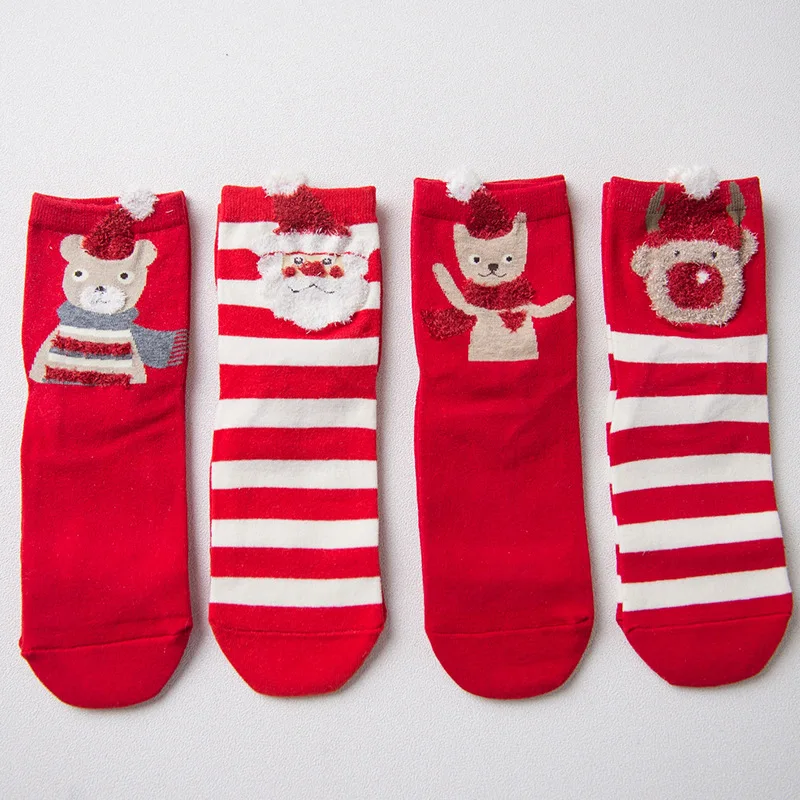 Caramella, рождественские носки, подарок на год, Осень-зима, женские красные милые хлопковые носки с мультяшными животными, женские прямые носки, 4 пара/лот