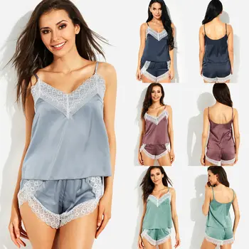 

Nightdress Pyjamas Suit Women Satin Silk Set 2Pcs Ladies Women Sexy Satin Silk Lingerie Sleepwear Babydoll Lingerie