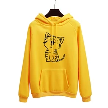 Худи с принтом Happy Cat в стиле Харадзюку для женщин; сезон осень-зима; офисный Женский пуловер желтого цвета; плотная Свободная Женская одежда; размеры 40-50