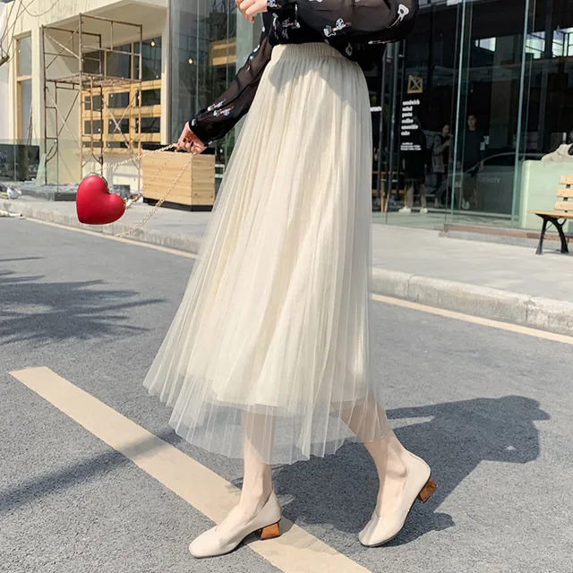 Buy Korean Style Sweet Midi Mesh Skirt Summer Spring