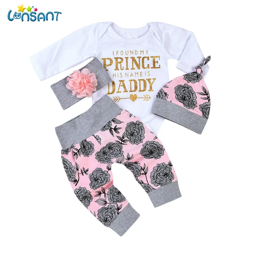 Cute Toddler Baby Girls Letter Rompers Jumpsuit Flowers Pants 4PCS Outfit Set US
