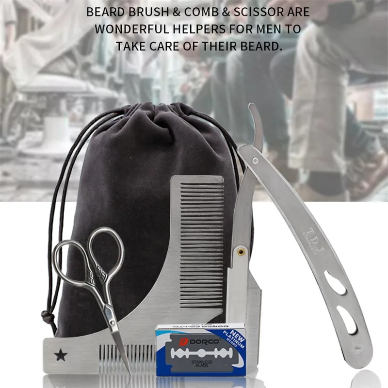 5 قطعة اللحية أدوات للعناية الشخصية التشذيب الحلاقة فرشاة مشط اللحية Set شارب مقص مستقيم الحلاقة تشكيل حلاقة مجموعة فرش للرجال