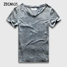 Street Fashion T-Shirt Men Slim Fit V Neck Marble Black Wash T Shirts For Men Vintage Cotton Top Tees Male Acid Heavy Washed