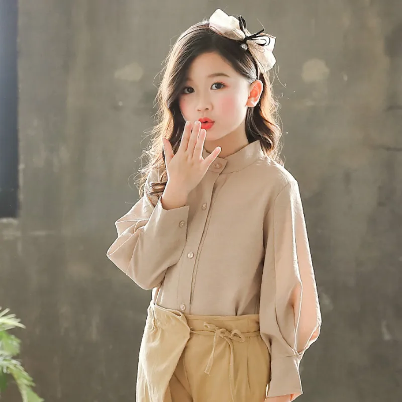 Primavera Autunno 5-16Y Cotone Grande Delle Ragazze della Camicetta Bianco/Khaki Vestiti del Bambino A Manica Lunga Della Ragazza Della Scuola Scherza la Camicia Adolescente Magliette e camicette CA1631