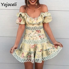 Yojoceli летнее жаккардовое кружевное платье для женщин с вязаными вставками мини-платье женский с открытыми плечами vestidos вечерние Клубные платья