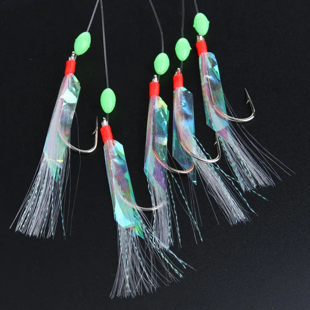5 Pcs Steel Carbon Mackerel Feathers Bass Cod Fishing Lures Sea Fishing Tackle Boat Luminous Fishing Hook Treble Fishing Lures