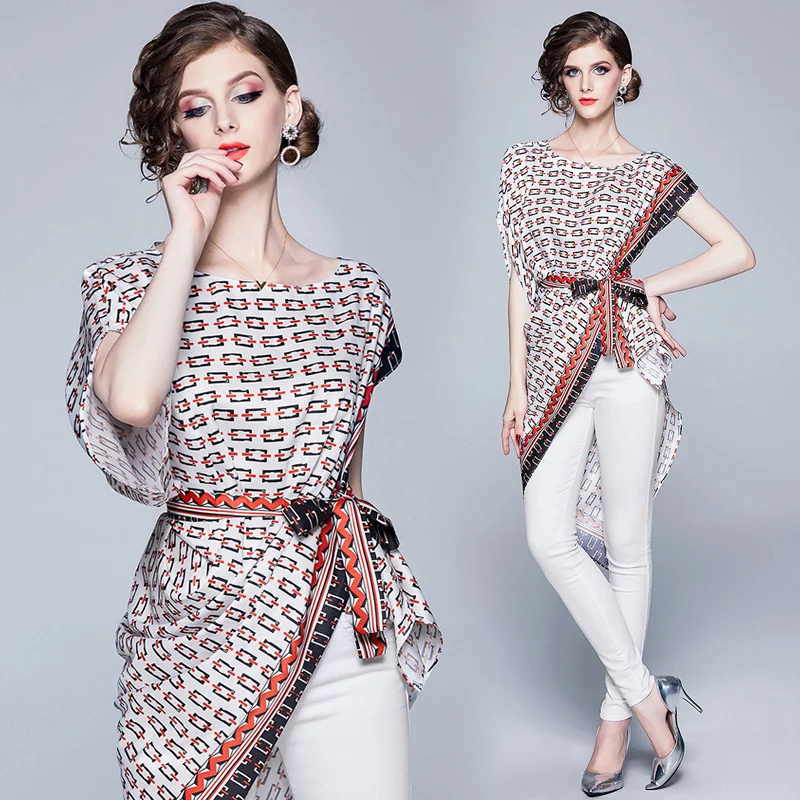 

women woman Designer shirt top clothes summer loose plus size Blouse runway belt work office Business asymmetric clothing shirts