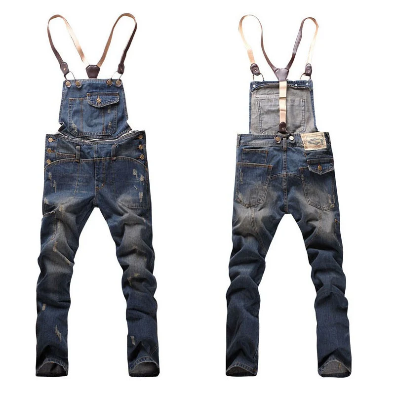 Mens Suspenders Jeans Fashion Distrressed Casual Button
