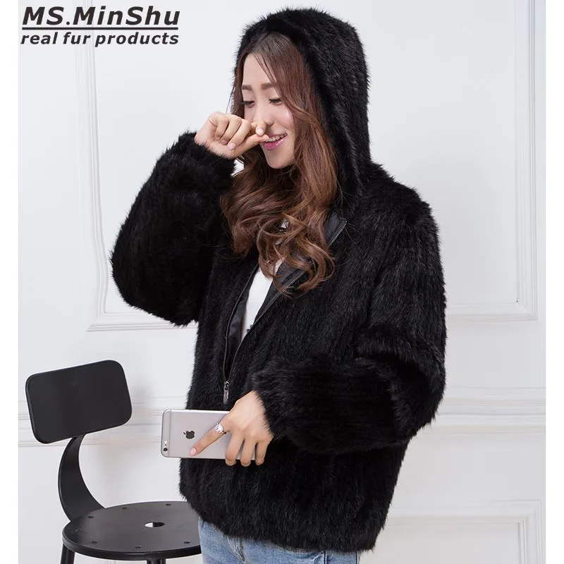 

MS.MinShu Hand Knitted Genuine Mink Fur Coat Women Fur Jacket Winter Hooded Jacket 100% Real Mink Fur Free Shipping