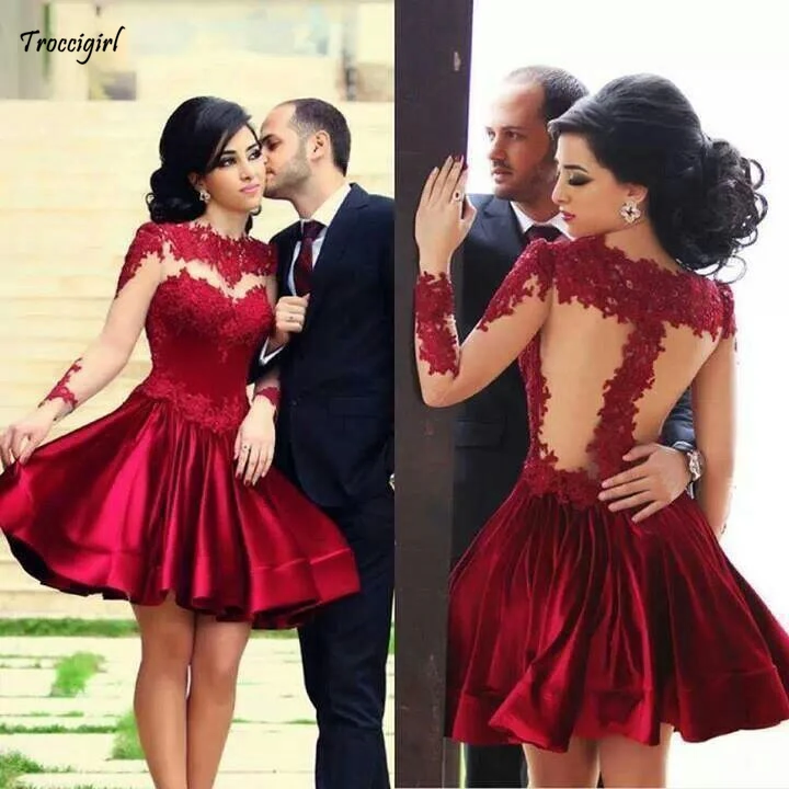 39-1            Retro Elegant High Neck Puffy Burgundy Short Mini Prom Dresses Party Dresses Appliques Sheer Back Long Sleeves Satin Cocktail Party Dresses