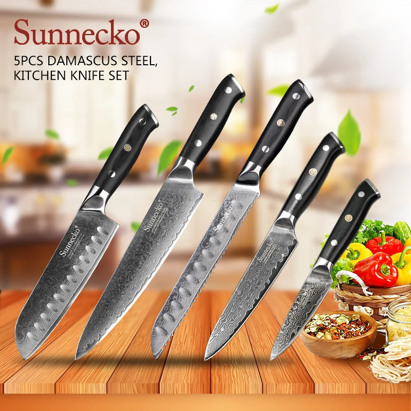 

SUNNECKO 5PCS Kitchen Knives Set Chef Santoku Bread Paring Utility Knife Japanese Damascus VG10 Steel Cutting Tools G10 Handle