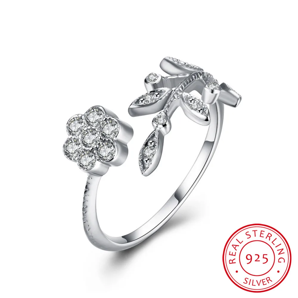 

100% Pure 925 sterling silver jewelry cute leafage with flower tag free size crystal stone free ring for women wedding jewelry