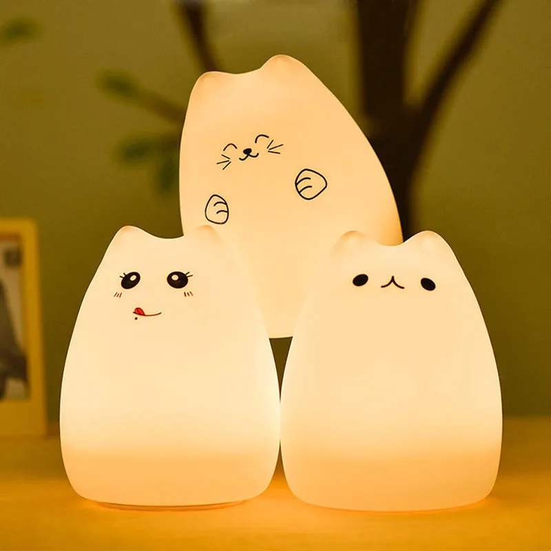 

USB Rechargeable LED Colorful Night Light Cat Silicone Soft Cartoon Baby Nursery Lamp for Children Gift CLH@8