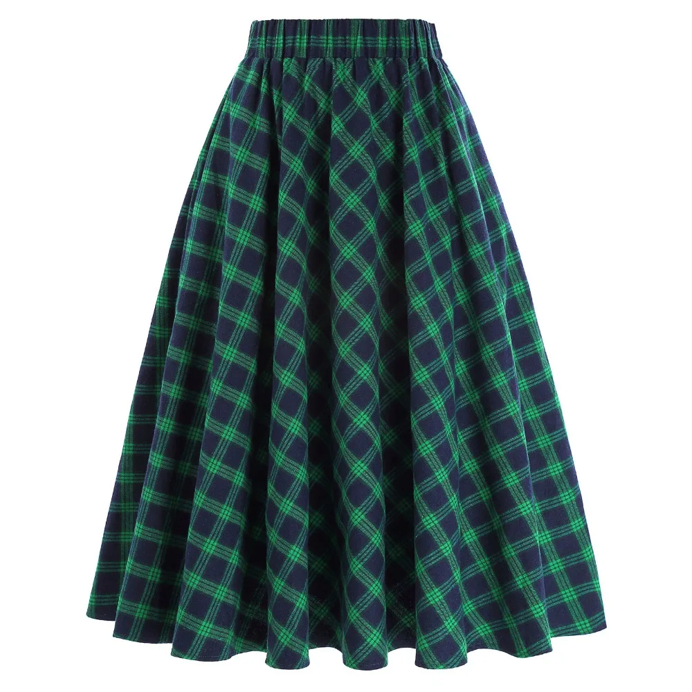 Koop Herfst Winter Hoge Taille Geplooide Rokken Elegante Rooster Patroon Vintage Schotse Stijl Skater Midi Rokken Vrouwelijke Plaid Rok