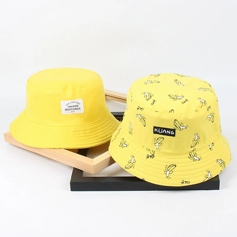 Fashion Panama Bucket Hat Men Women Double Sided Summer Bucket Cap Banana Print Yellow Hat Bob Hat Hip Hop Gorros Fisherman Hat