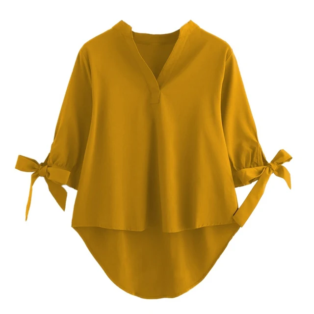 Womens Tops And Blouses Yellow Solid Blouse Shirt Women Chic Bow ...