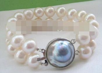 

shitou 00631 8 " 2row 11-12mm natural white round freshwater pearl bracelet - Mabe pearl clasp