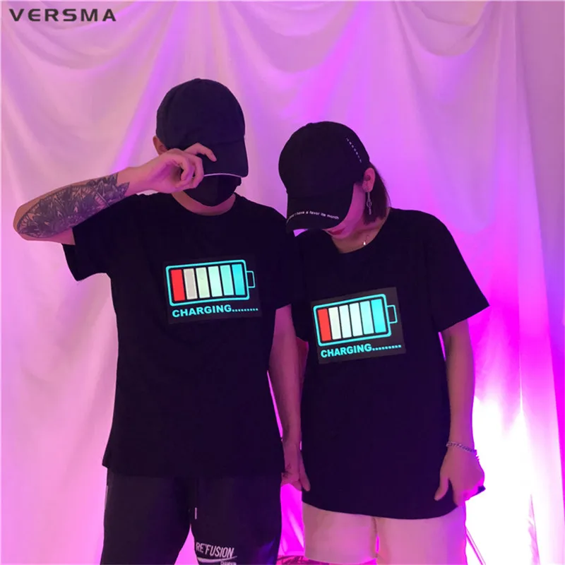 

VERSMA Korean Harajuku LED Sound Control Glowing Clothes T-shirts Male Summer Night Club Hip Hop Loose Couple T Shirts Men Women