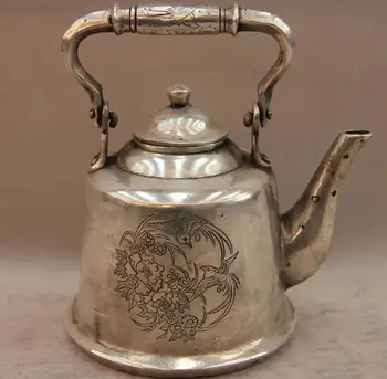 

China White Copper Silver Peony Flower Phoenix Kettle Canteen bottle Pot SD 506