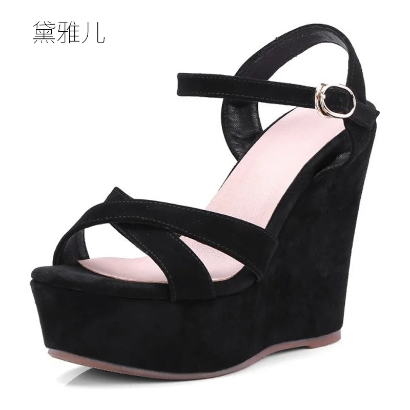 

2018 Summer Genuine Leather Suede Black Sexy Wedges High Platform Heels Sandals for Women's with Female Shoes Woman Ladies
