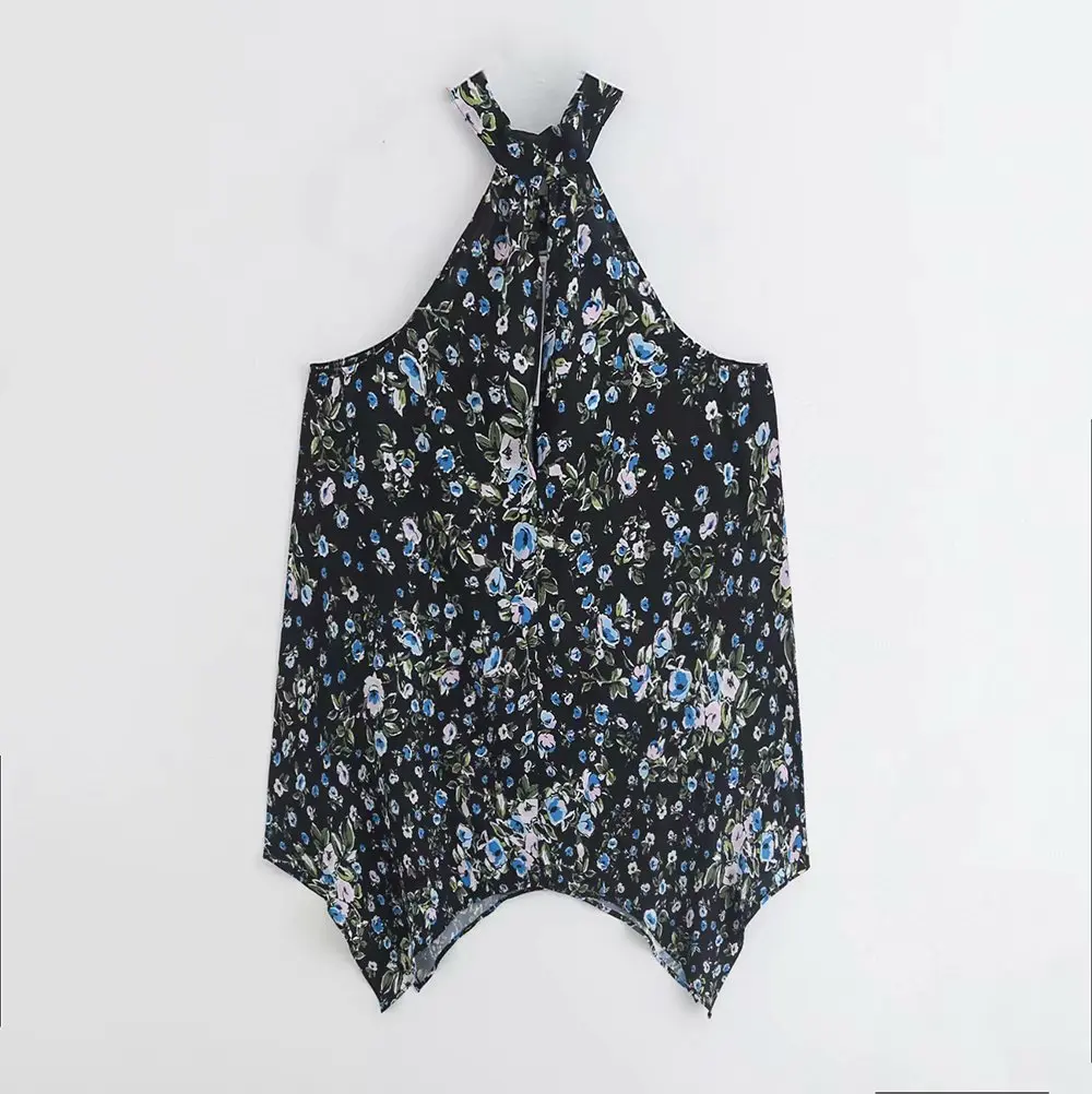 

2019 new women vintage sleeveless flower print halter blouse shirts women cross knotted casual blusas chic retro tops LS3823